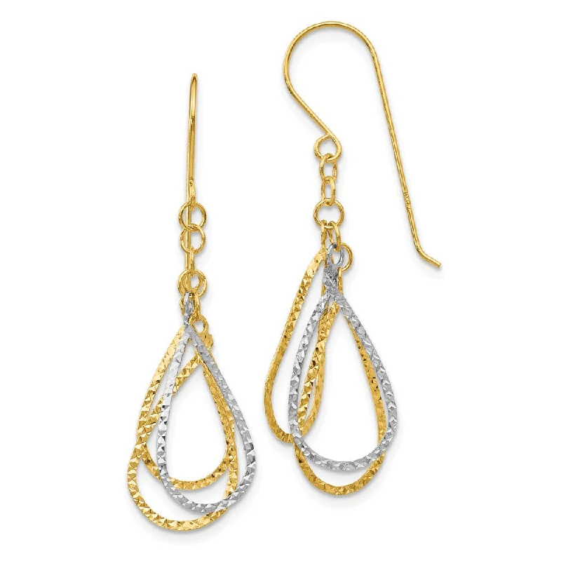 Slim gold earrings-Two Tone Diamond Cut Triple Teardrop Dangle Earrings in 14k Gold