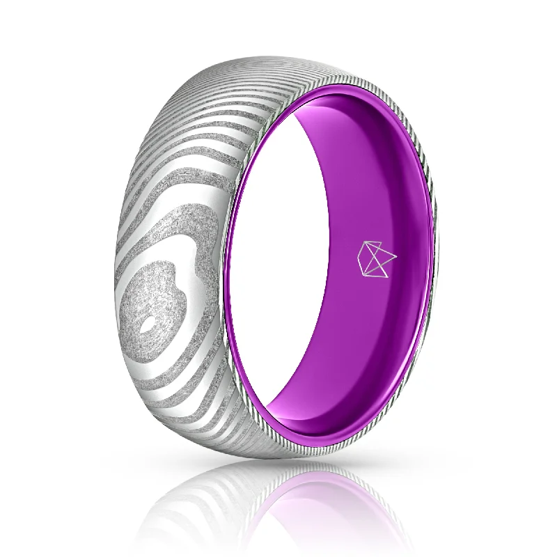 Oxidized bronze rings-Wood Grain Damascus Steel Ring - Resilient Purple