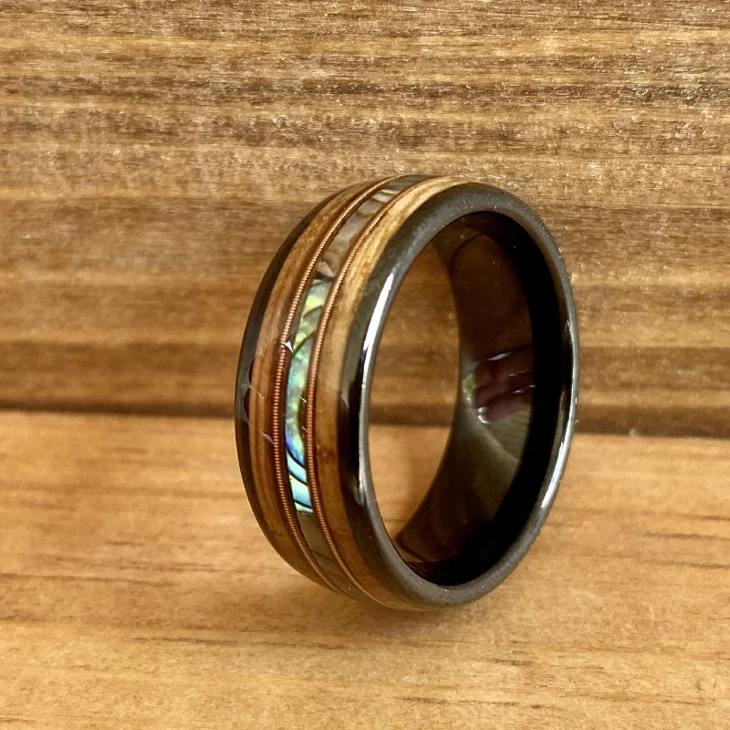 Polished silver rings-“The Rockstar”  Reclaimed Bourbon Whiskey Barrel Black Ceramic Ring With Guitar String