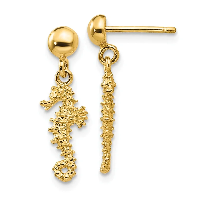 Carved texture earrings-Mini Textured Seahorse Dangle Post Earrings in 14k Yellow Gold