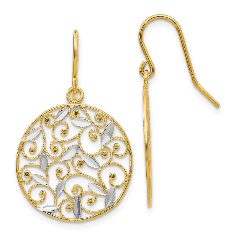 Stone cluster earrings-19mm Two Tone Filigree Circle Dangle Earrings in 14k Gold