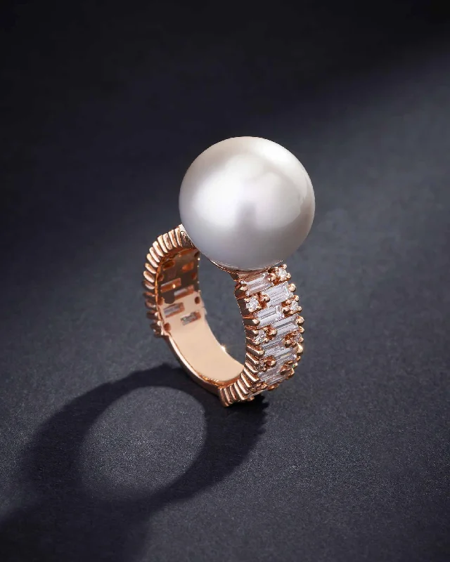 Hope charm rings-One of a Kind South Sea Pearl Ring with Baguette & Round Diamonds