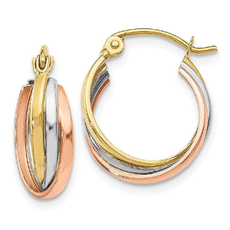 Open hoop earrings-5mm Triple Crossover Hoops in 10k Tri-Color Gold, 14mm (9/16 Inch)