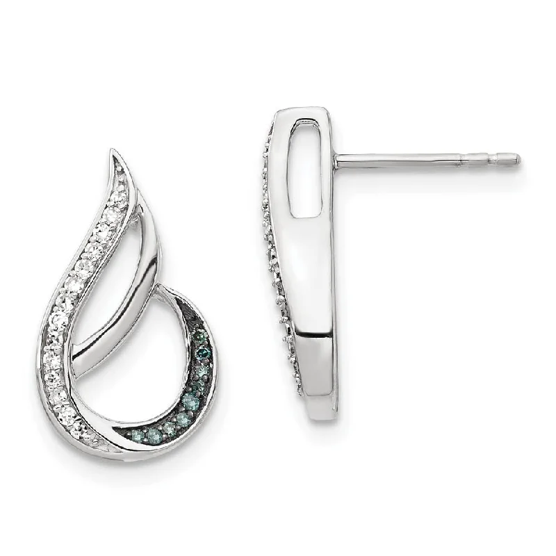 High-gloss earrings-Blue & White Diamond Tear Rhodium Plated Sterling Silver Post Earrings