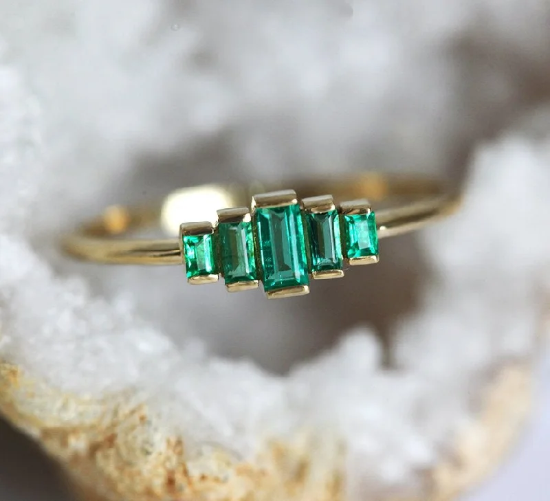 Akoya pearl rings-Patti Baguette Emerald Ring