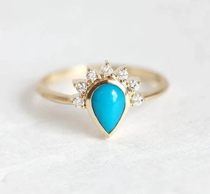 Tulip rings-Elegant Turquoise Ring With Half Halo Diamond Crown