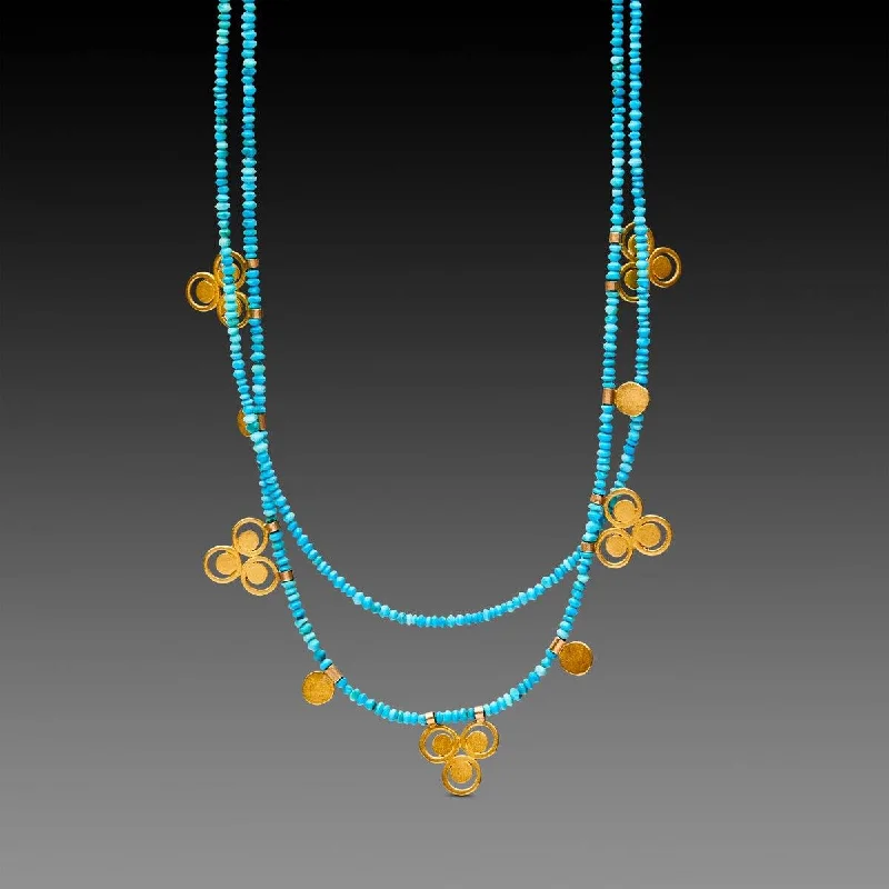 Spiral wire necklaces-Turquoise Bead Necklace with 22k Filigree Trios