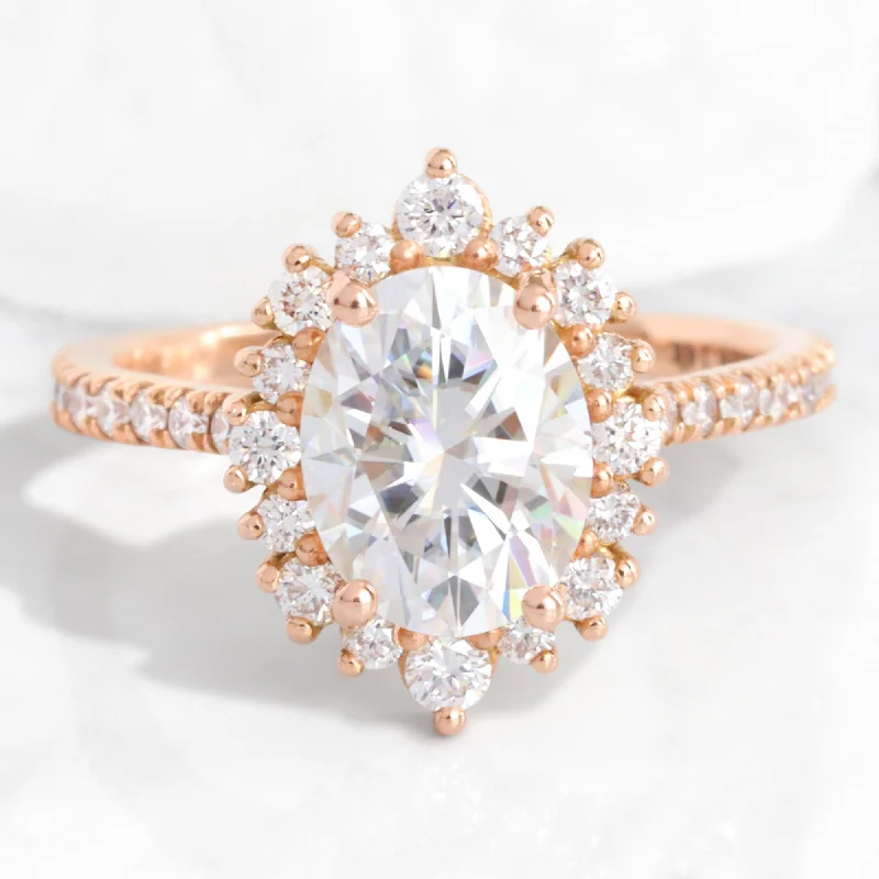 Prism crystal rings-Large Oval Moissanite Ring in 14k Rose Gold Tiara Halo Pave Diamond, Size 6.25