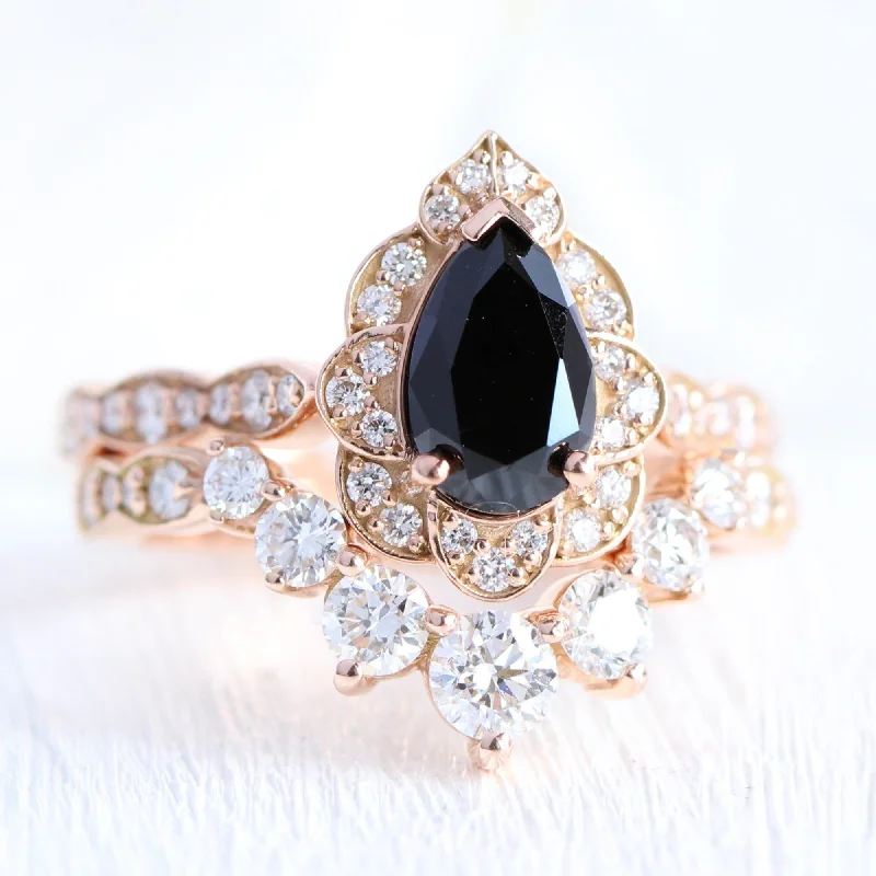 Oxidized bronze rings-Vintage Floral Black Diamond Pear Ring w/ Large 7 Diamond Curved Scalloped Band