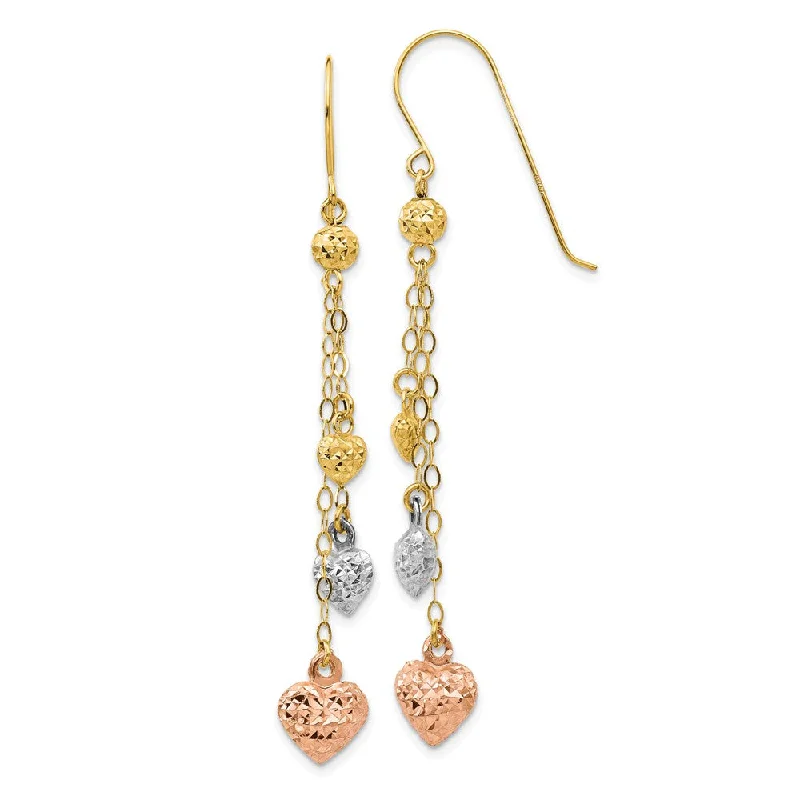 Tiny pearl earrings-14k Tri Color Gold, Triple Puffed Heart and Chain Dangle Earrings