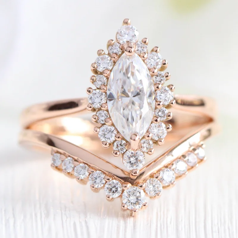 Tulip rings-Tiara Halo Marquise Tapered Ring Set w/ Moissanite and Tiara Diamond V Shaped Band