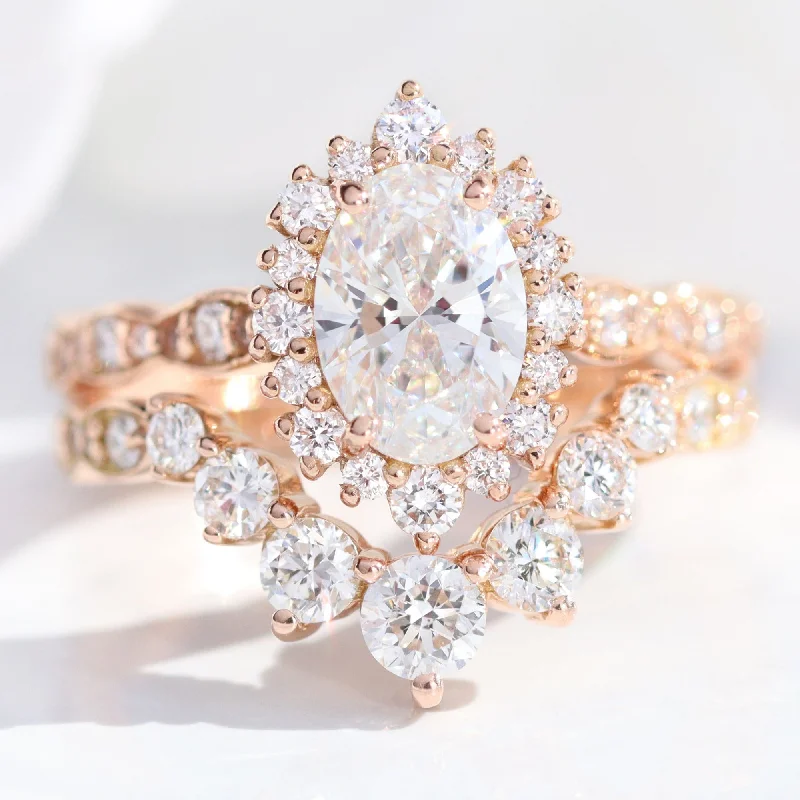 Woven thread rings-Oval Diamond Halo Scalloped Ring Set w/ Lab Diamond and Large 7 Stone Wedding Band