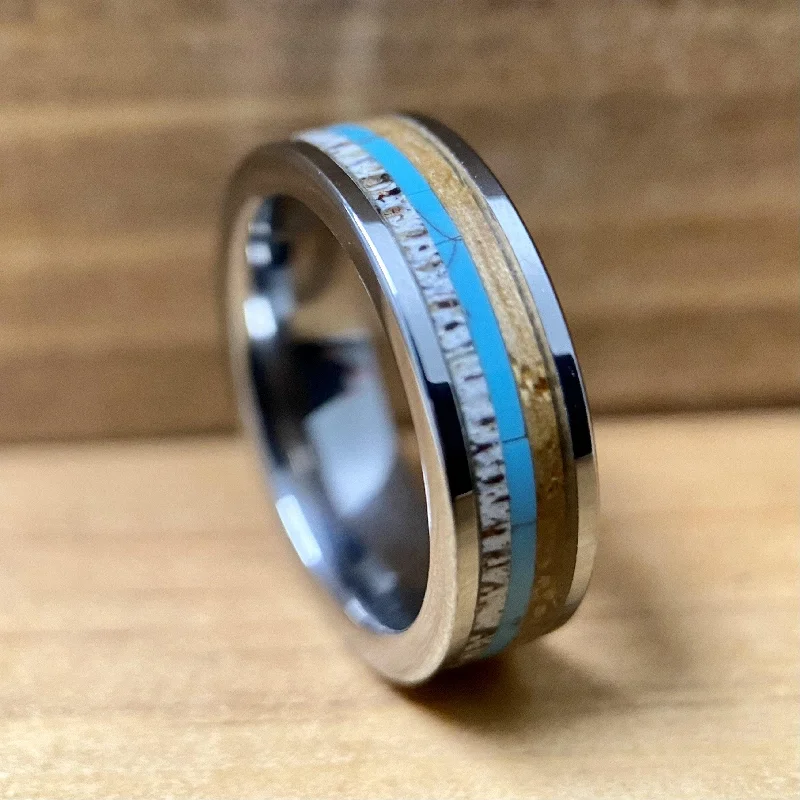 Shiny bead rings-“The Lady Westerner” 6mm Tungsten Ring With Reclaimed Bourbon Barrel, Antler and Turquoise