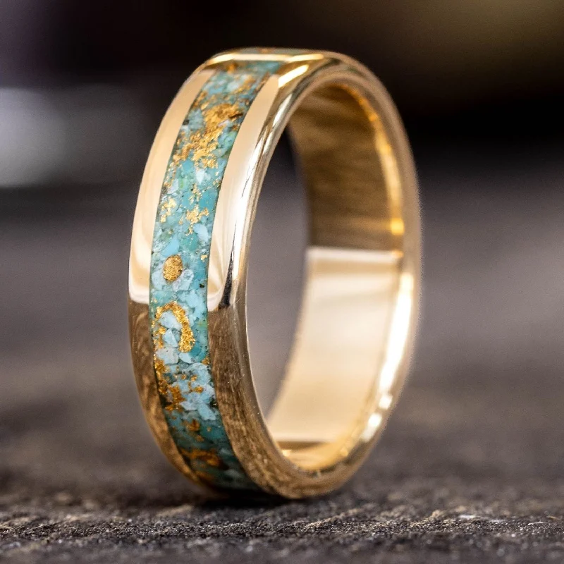 Sharp modern rings-The Phoenix | Men's Solid Gold & Turquoise Ring with Gold Flakes