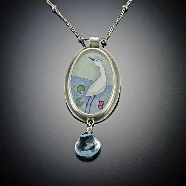 Petite charm necklaces-Oval Crane Necklace with Blue Topaz