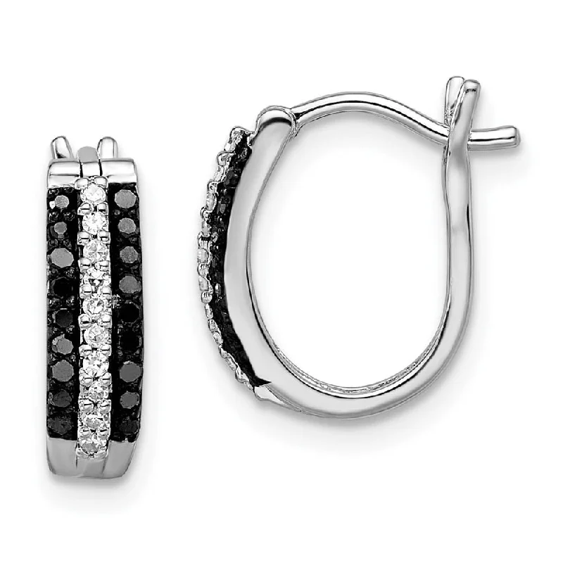 Fired clay earrings-Black & White Diamond Oval Hoop Earrings in Sterling Silver, 4 x 13mm