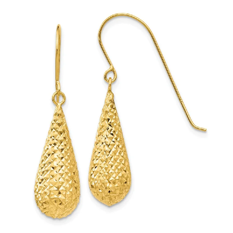 Bowed loop earrings-20mm Diamond Cut Puffed Teardrop Dangle Earrings in 14k Yellow Gold