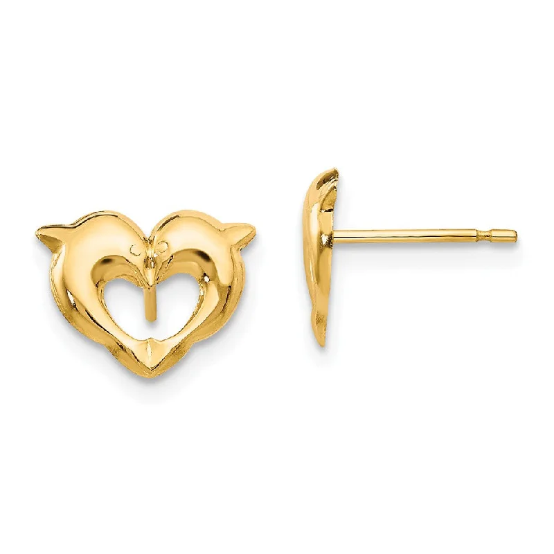 Polished silver earrings-Kids 10mm Heart Shaped Dolphins Post Earrings in 14k Yellow Gold