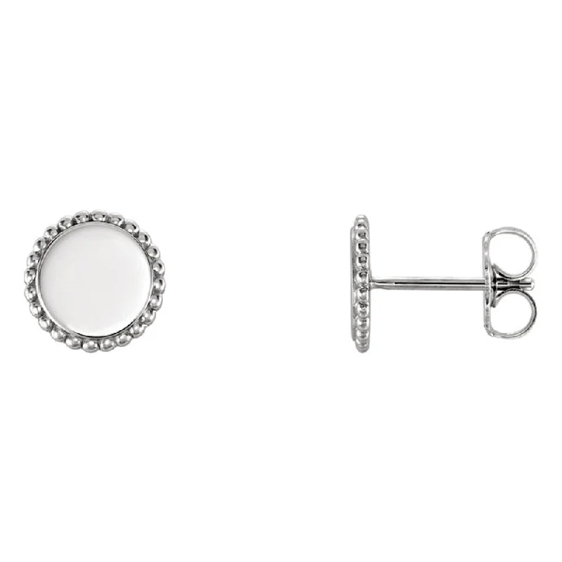 Fringe tassel earrings-8mm (5/16 Inch) 14k White Gold Engravable Beaded Edge Circle Earrings