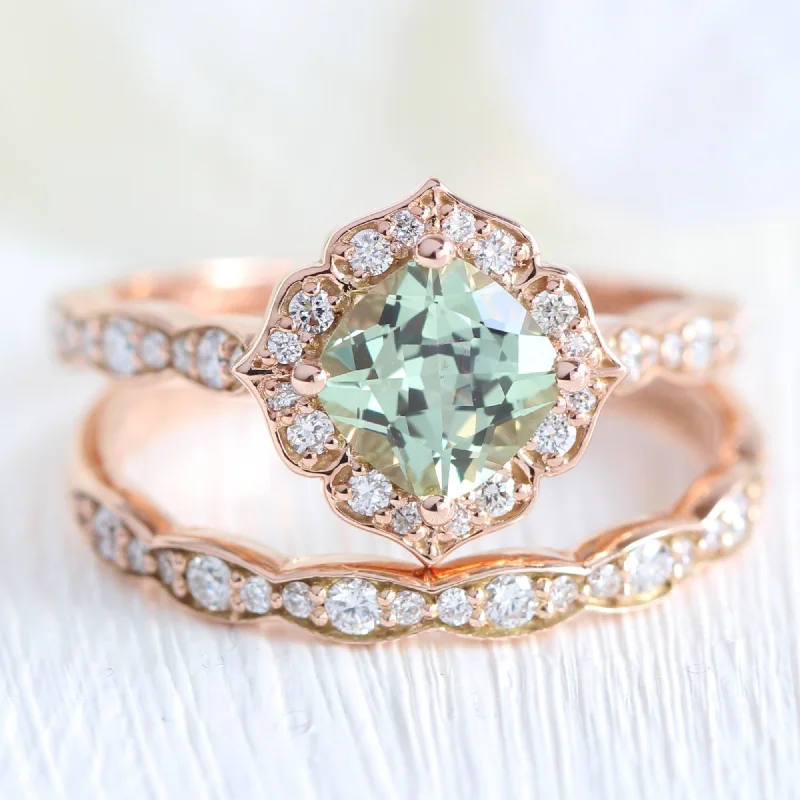 Beaded stone rings-Mini Vintage Floral Bridal Ring Set w/ Sea Foam Green Sapphire and Diamond