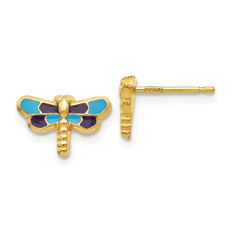 Five-tier earrings-Kids 10mm Blue Dragonfly Post Earrings in 14k Yellow Gold and Enamel