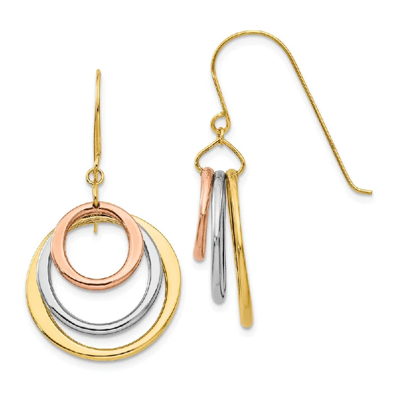 Carved hoop earrings-Tri-color Triple Circle Dangle Earrings in 14k Gold