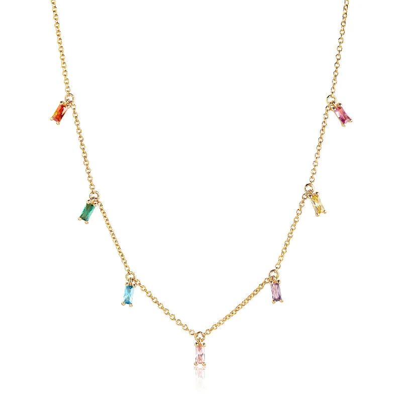 Tilted design necklaces-Princess Baquette Gold Plated Necklace w. Pink, Blue, Green, Orange & Purple Zirconias