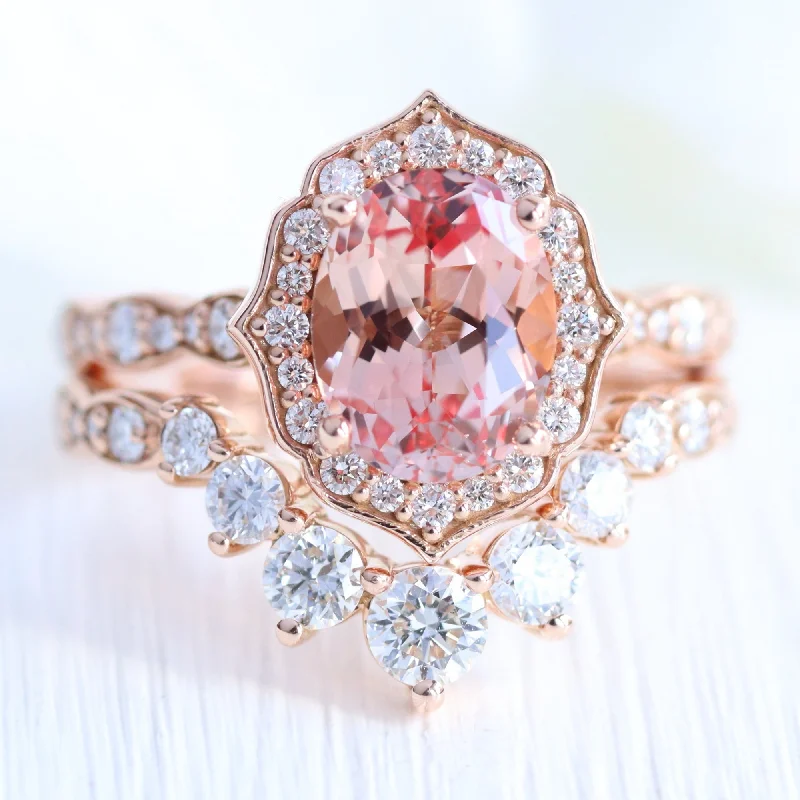 Sharp modern rings-Large Vintage Floral Oval Ring Set w/ Peach Sapphire and Large 7 Diamond Scalloped Band