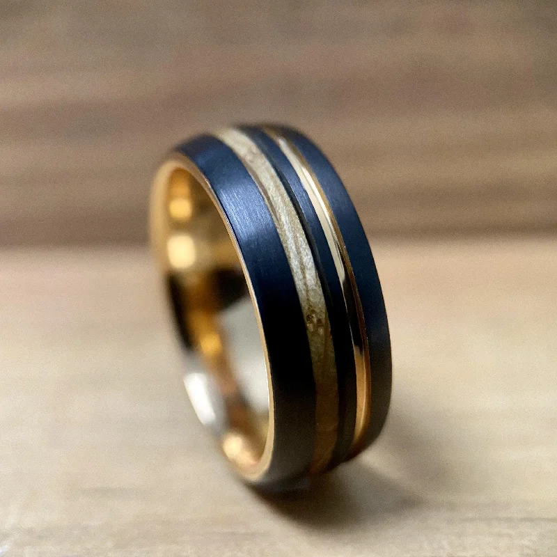 Raven feather rings-"Copper Gentleman" Tungsten Ring With Reclaimed Bourbon Barrel Wood And Rose Gold Color