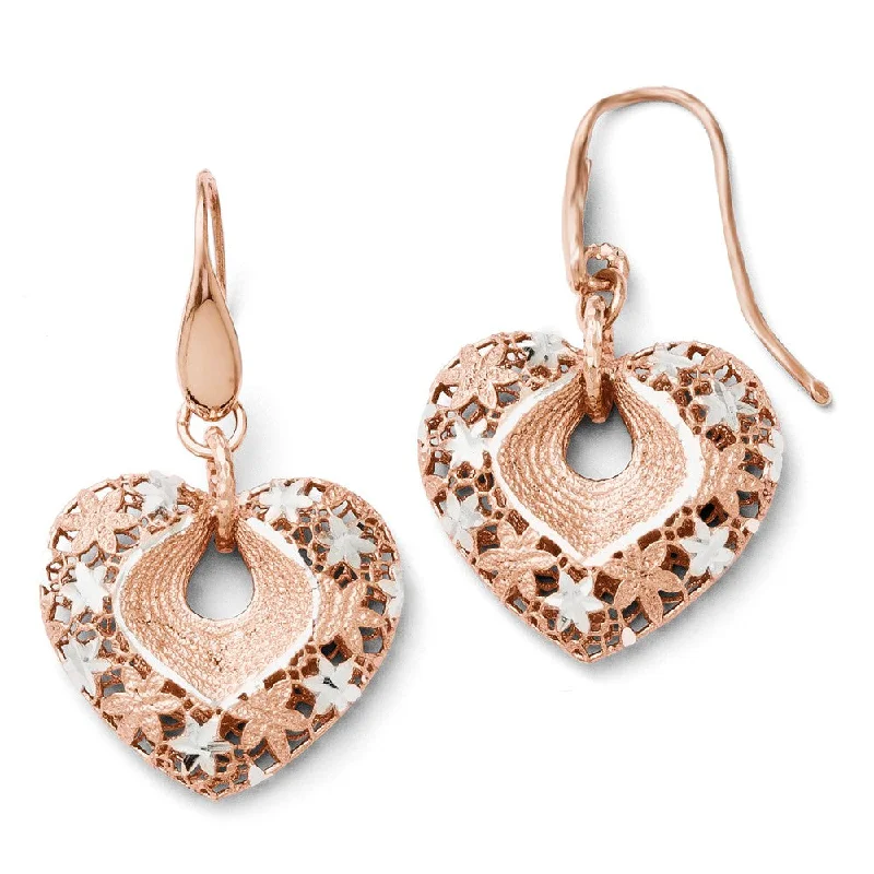 Floaty drop earrings-26mm Floral Heart Dangle Earrings in Sterling Silver & 24k Rose-Plated