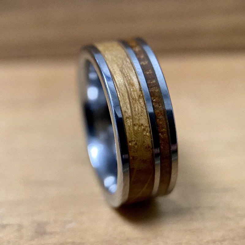 Sturdy geometric rings-“The Whiskey Lover” Tungsten Ring With Reclaimed Bourbon Whiskey Barrel Wood