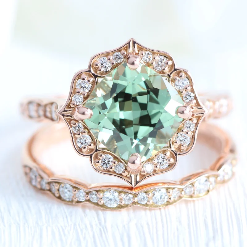 Prism crystal rings-Large Vintage Floral Cushion Ring Set w/ Sea Foam Green Sapphire and Diamond