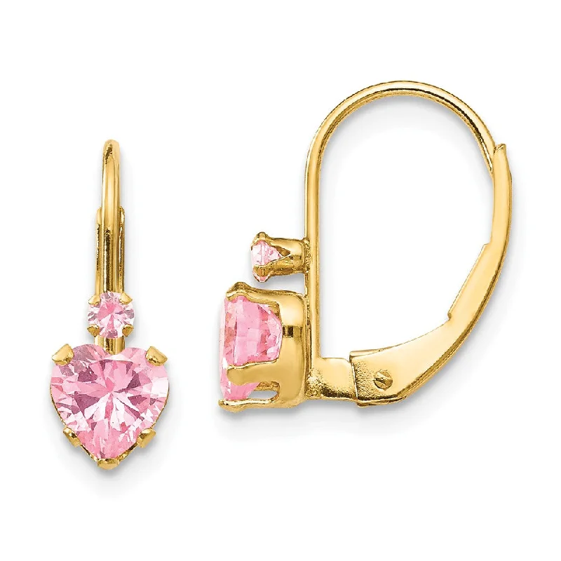 Georgian style earrings-Kids Pink Cubic Zirconia Heart Lever Back Earrings in 14k Yellow Gold