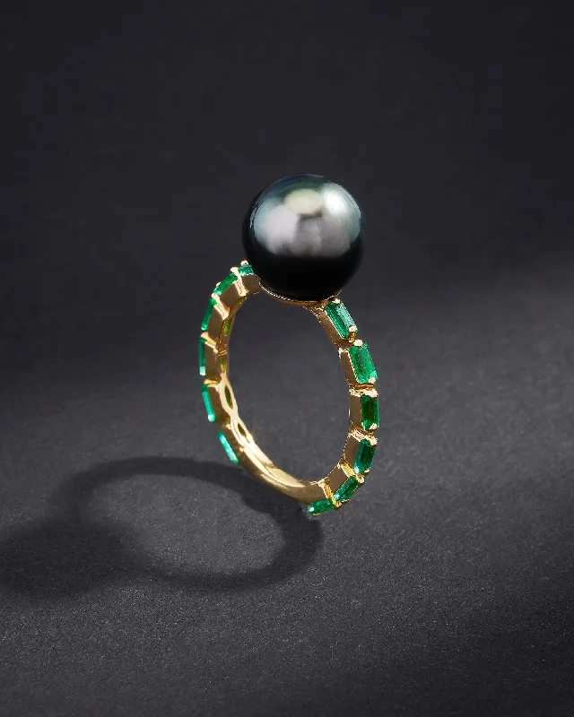 High-gloss rings-One of a Kind Tahitian Pearl Ring with Emerald Baguettes