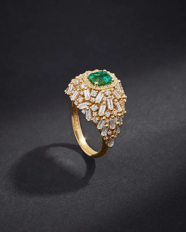 Ripple style rings-One of a Kind Cushion Cut Emerald Lion's Mane Ring