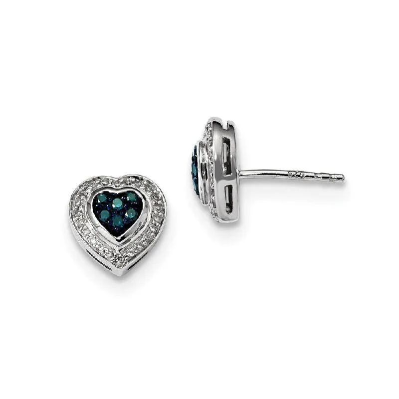 Etched art earrings-Blue & White Diamond 10mm Heart Post Earrings in Sterling Silver