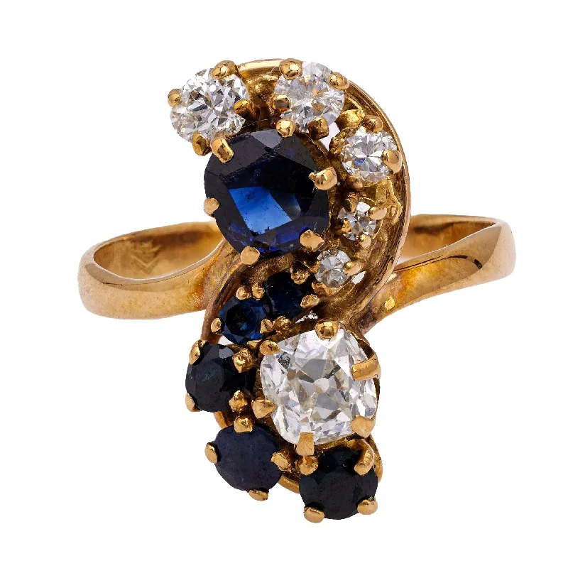 Classic deco rings-Belle Époque French Diamond and Sapphire 18k Yellow Gold Toi et Moi Ring