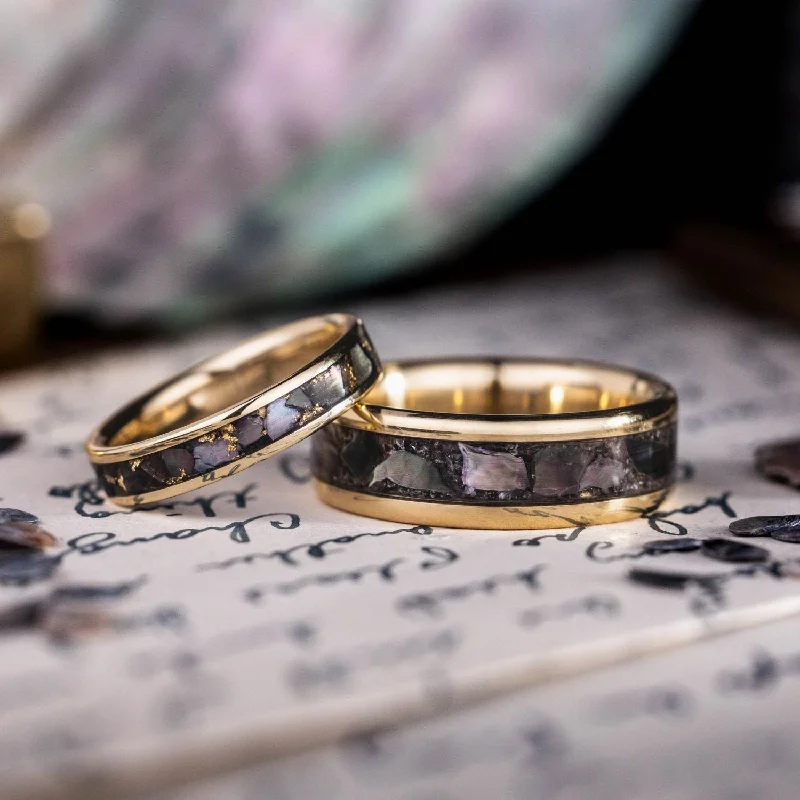 Subtle heart rings-The Dark Tide & Tempest - His and Hers Unique Black Mother of Pearl & Gold Wedding Ring Set