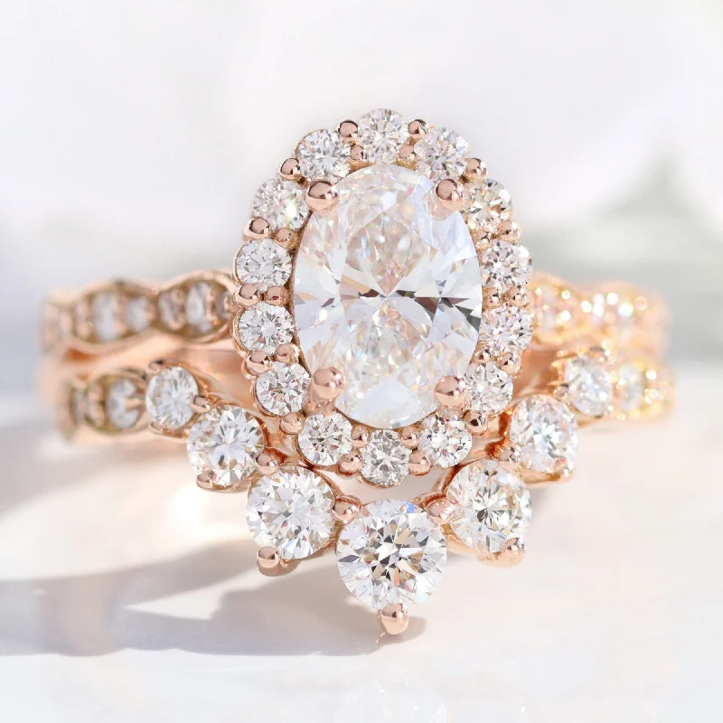 Lavish gem rings-2.35 Ct Oval Diamond Halo Ring Set w/ Lab Diamond and Large 7 Stone Scalloped Band