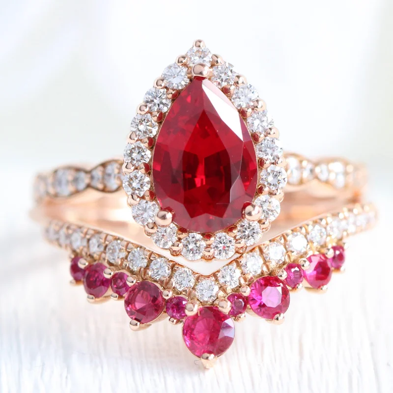 Shiny bead rings-Luna Halo Pear Ruby Bridal Ring Set w/ Large Tiara Diamond Ruby Wedding Band