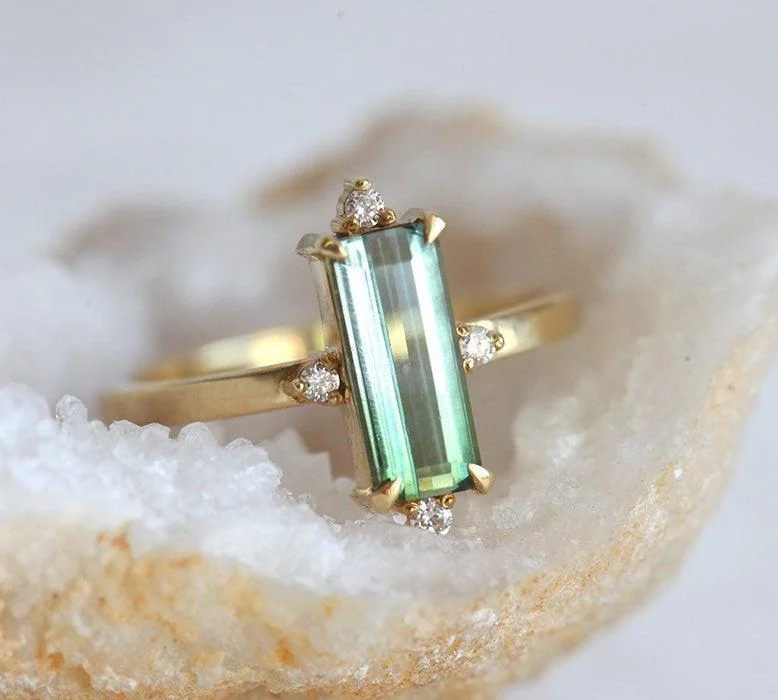 Radiant druzy rings-Margot Green Baguette Tourmaline Ring with Diamonds