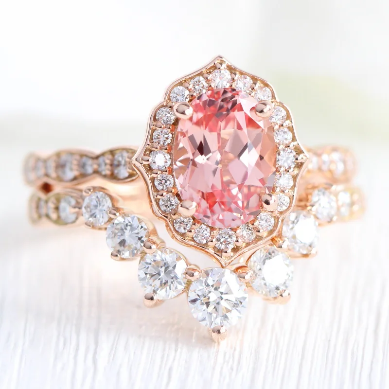 Cane style rings-Vintage Floral Oval Ring Bridal Set w/ Peach Sapphire and Large 7 Diamond Scalloped Band