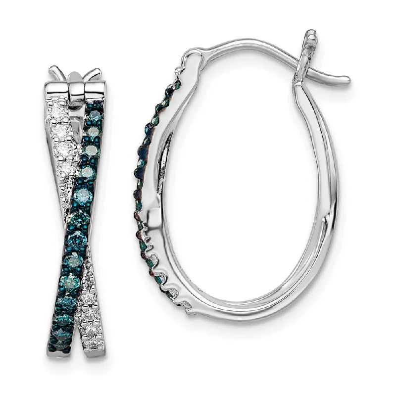 Lunar phase earrings-Blue & White Diamond Crossover Hinged Hoop Earrings in Sterling Silver