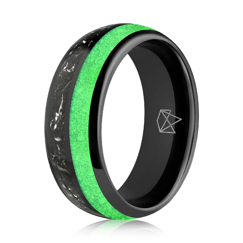 Multi-gem rings-Black Tungsten Ring - Green Glow & Real Meteorite