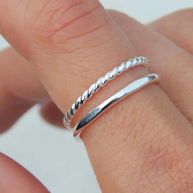 Beaded stone rings-Sterling Silver Twisted Band and Flat Hammered Stacking Ring Set