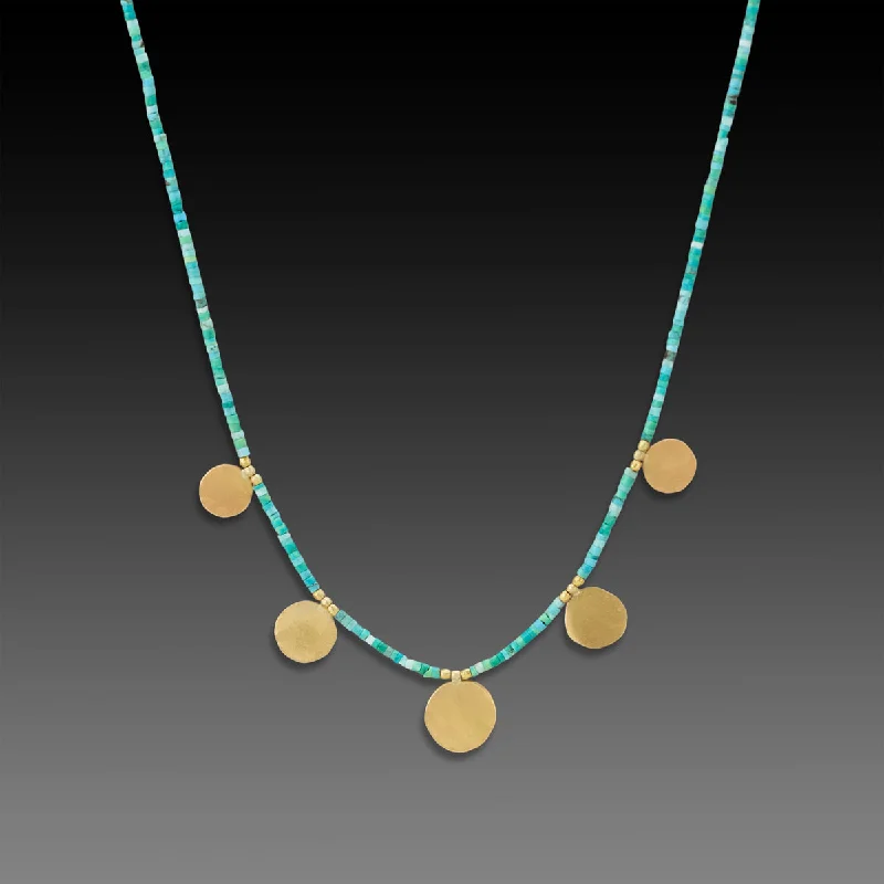 Ornate bib necklaces-Turquoise Necklace with Hammered Gold Disks