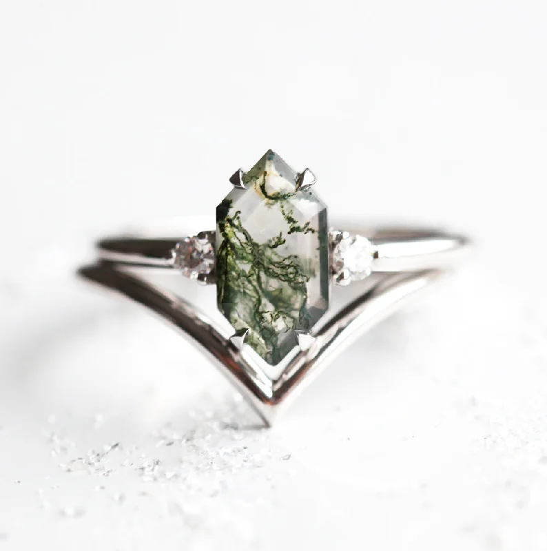 Shiny bead rings-Hayley Hexagon Moss Agate Ring Set