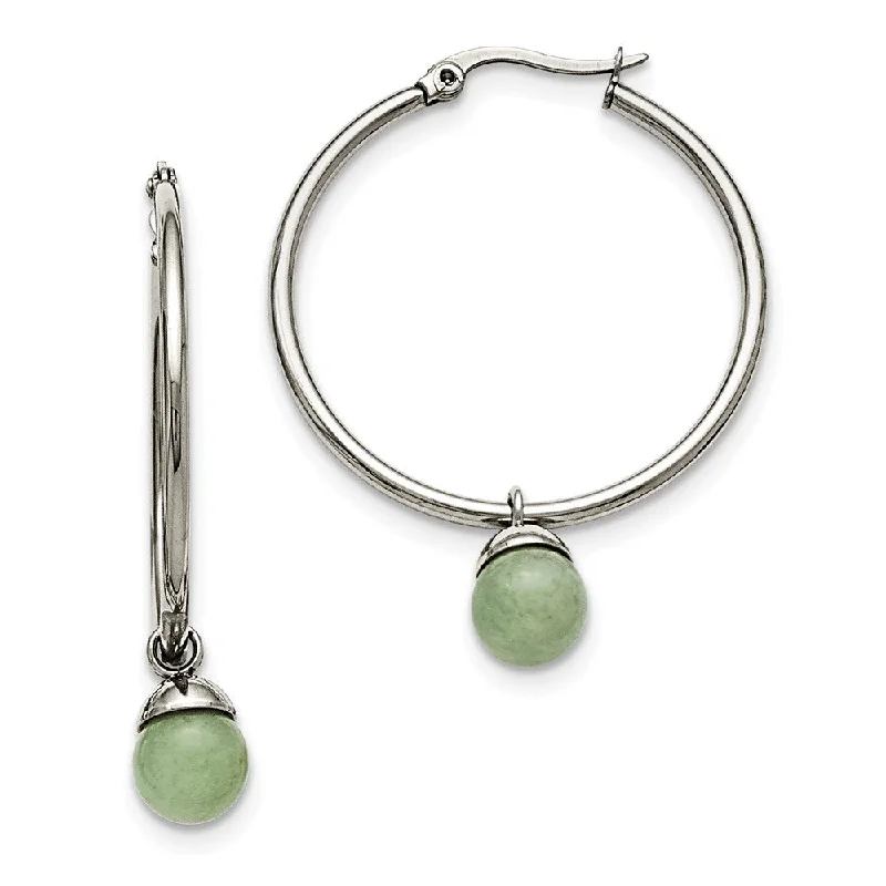 Broad hoop earrings-Green Aventurine Bead Round Hoop Earrings in Stainless Steel - 35mm