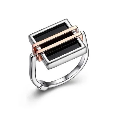 Intricate accent rings-Sterling Silver & Rose Gold Plated Black Agate Ring by ELLE