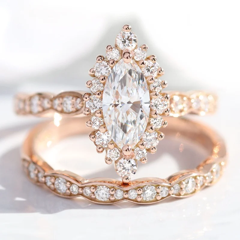 Raven design rings-Marquise Diamond Halo Scalloped Ring w/ Lab Diamond and Matching Wedding Band